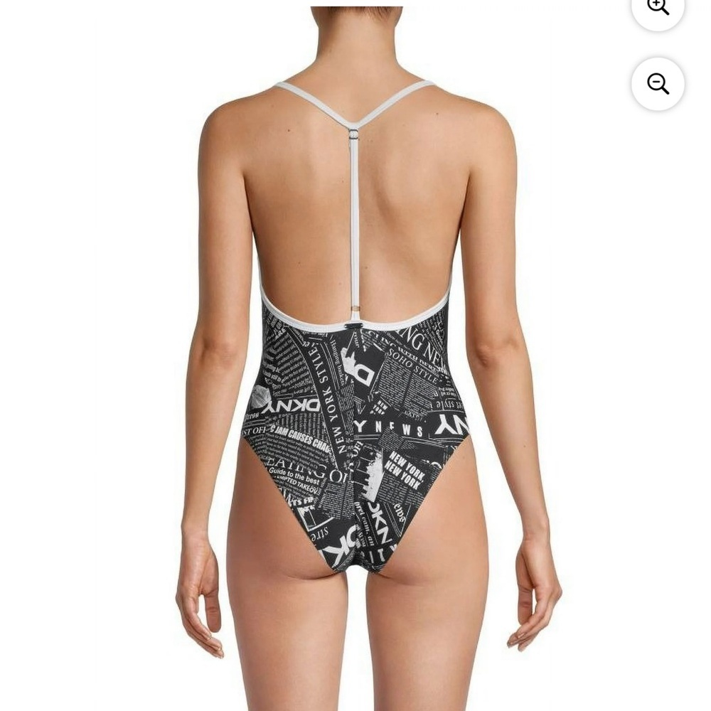 DKNY Logo Print Plunge One Piece Swimsuit Black White NWT XS - Picture 2 of 8